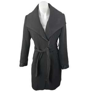 ASM Asmanto Black Zip Up Long Sleeve Wide Collar Belted Trench Coat Jacket Sz 8